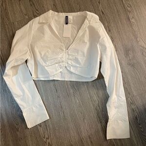 White Long Sleeve Ruched Crop Top